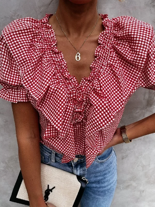 Layered Plaid Short Sleeve V-Neck Lotus Leaf Blouses