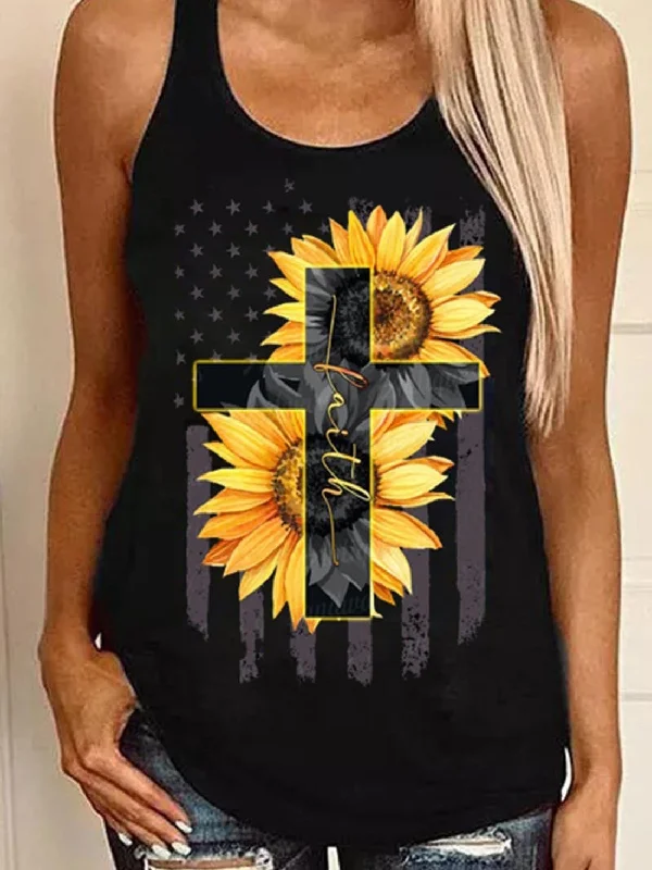 Sunflower Cross Print Round Neck Sleeveless Tank Tops