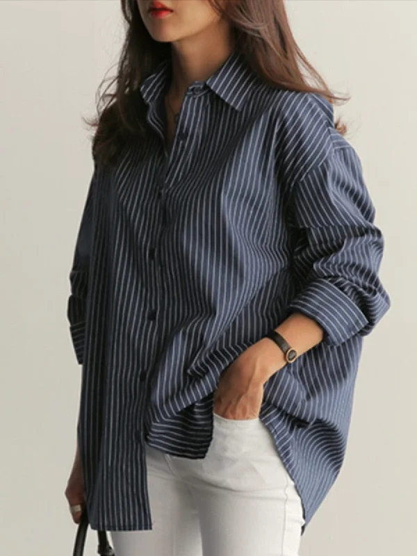 Loose Striped Oversized Long Sleeve Blouse