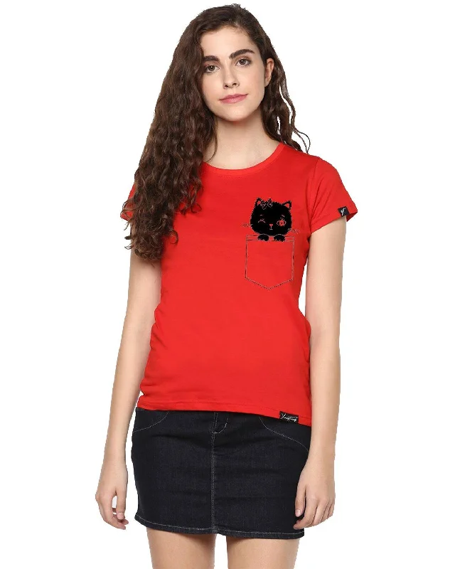 Womens Half Sleeve Cat Printed Red Color Tshirts