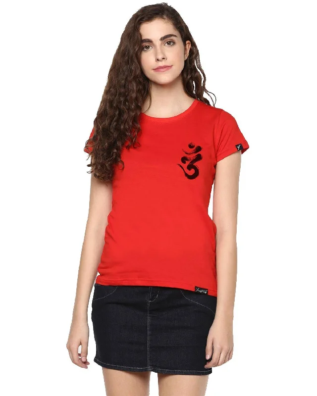 Womens Half Sleeve Ommtrishul Printed Red Color Tshirts