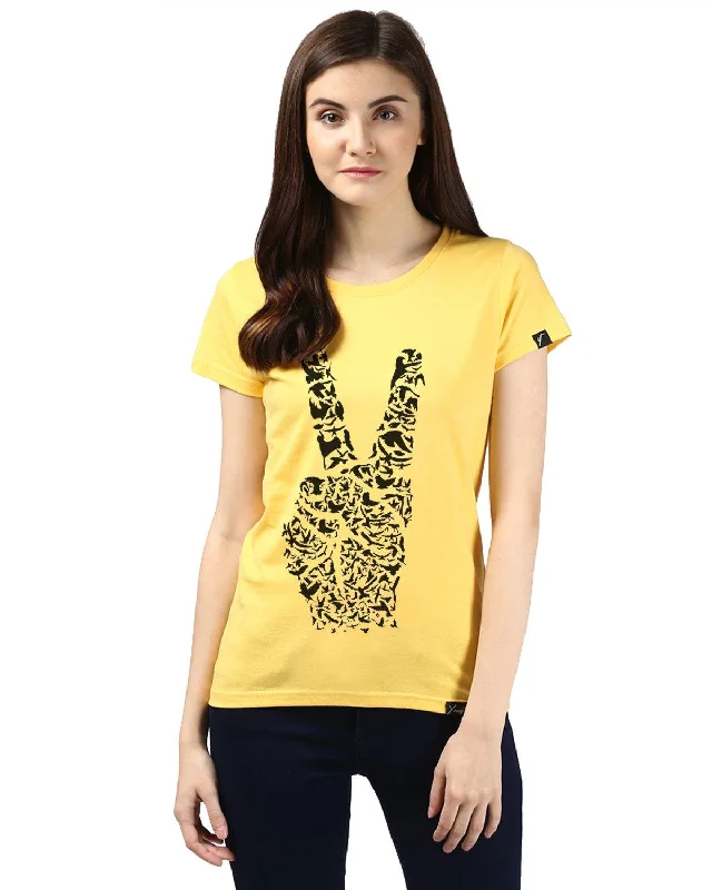 Womens Half Sleeve Peace Printed Yellow Color Tshirts