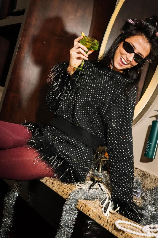 Black Scattered Rhinestone Feather Tinsel Sweatshirt